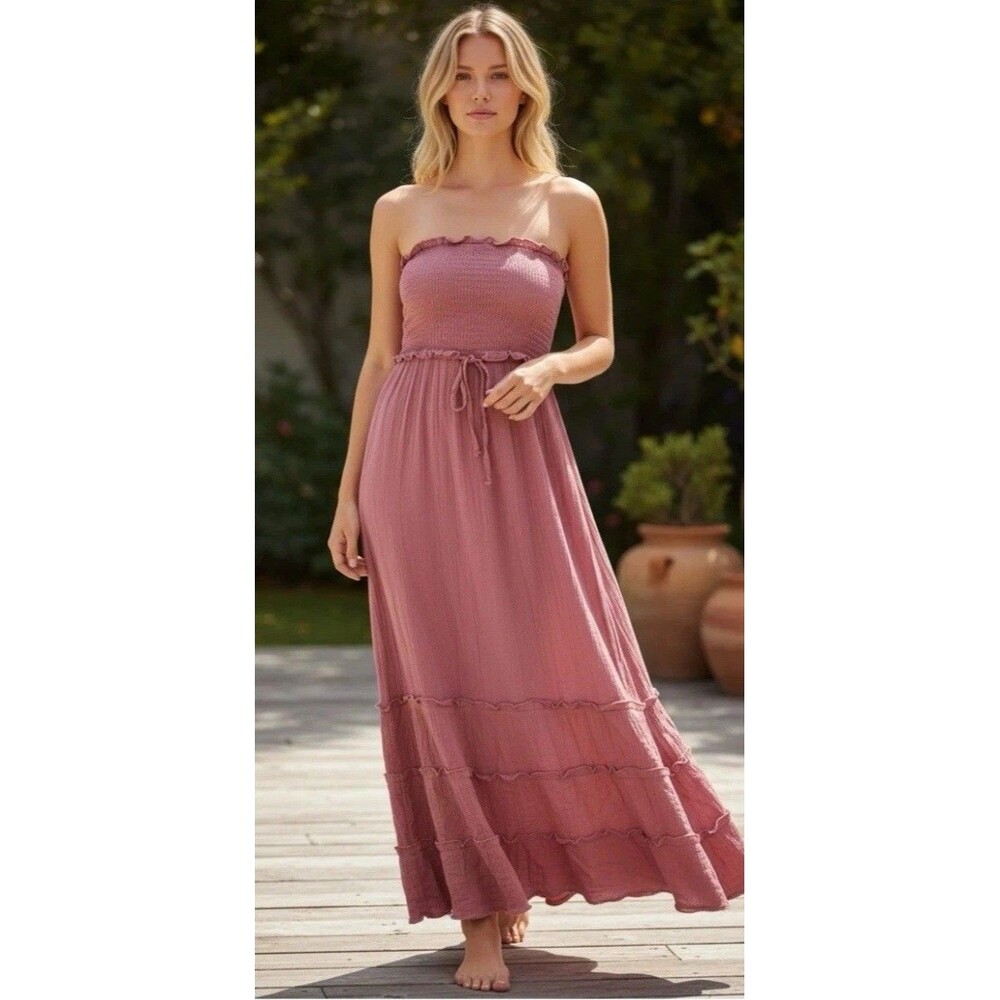 Sim & Sam Dress Pink Tiered Smocked Stretch Maxi Long Removable Straps Size XL - Picture 1 of 11